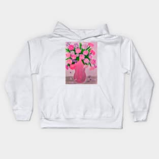 lovely pink and purple carnation flowers. In a metallic silver and pink vase . Kids Hoodie